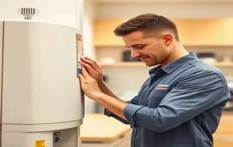 ک تکنسین مرد جوان با لباس کار آبی تیره، با دقت در حال نصب دستگاه تصفیه آب خانگی است