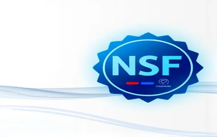مهر آبیرنگ و درخشان تأییدیه NSF (National Sanitation Foundation) با پسزمینه سفید و مینیمالیستی، نماد کیفیت و استانداردهای ایمنی آب.