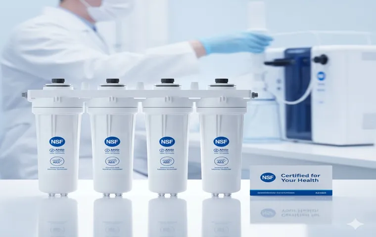 تصویر نمادین از تاییدیه و استانداردهای بهداشتی فیلتر دستگاه تصفیه آب؛ شامل نشانهای بینالمللی کیفیت بر روی بدنه فیلتر در کنار نمادهای سلامت و آب پاک، با هدف نمایش امنیت و کارایی محصولات اورجینال