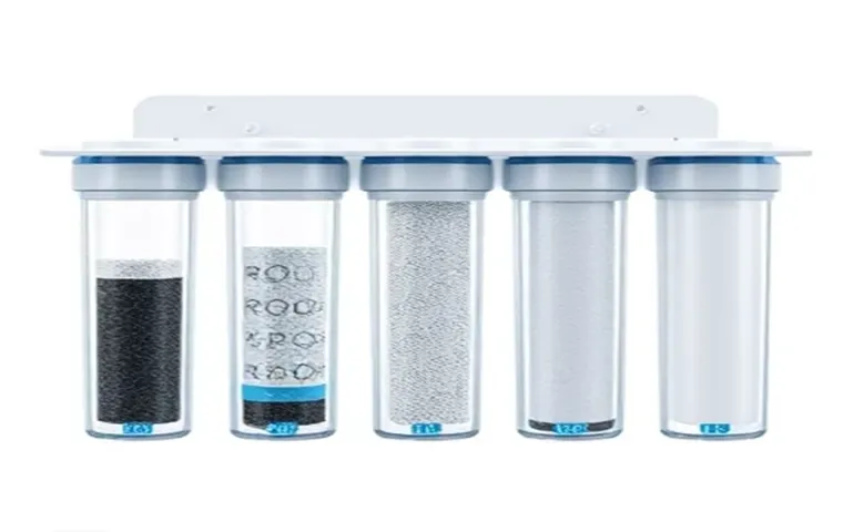 یک دستگاه تصفیه آب خانگی پنج مرحلهای با محفظههای شفاف پلاستیکی که مراحل مختلف فیلتراسیون شامل کربن فعال، رزین و فیلترهای پلیمری را نشان میدهد. دستگاه بر روی یک پایه نگهدارنده سفید نصب شده است