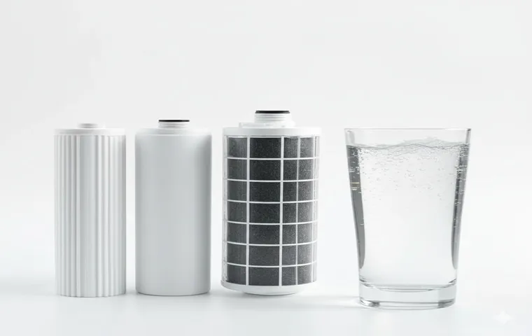 فیلترهای پیشتصفیه (مراحل ۱، ۲ و ۳) به همراه یک لیوان آب کریستالی و زلال