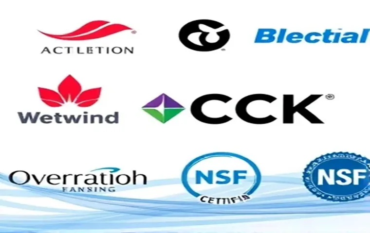 مجموعهای از لوگو و نام برندهای مختلف تصفیه آب از جمله ACTLETION، Blectial، Wetwind، CCK، Overratioh و نشان استاندارد NSF روی پسزمینه آبی با خطوط موجدار.”