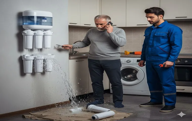 تصویر یک تکنسین متخصص با لباس فرم در حال عیبیابی و سرویس فنی دستگاه تصفیه آب خانگی؛ استفاده از ابزارهای اندازهگیری دقیق برای بررسی فشار پمپ و سلامت قطعات برقی دستگاه در محیط آشپزخانه