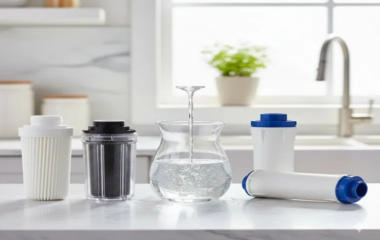 نمای افقی از چیدمان فیلترهای پیشتصفیه و ممبران دستگاه تصفیه آب خانگی در کنار لیوان آب زلال و قطرات درخشان، با نورپردازی ملایم و پسزمینه سفید و مدرن