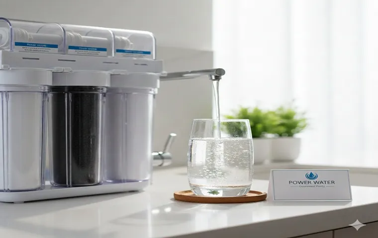 دستگاه تصفیه آب رومیزی سفید رنگ در حال پر کردن یک لیوان آب شفاف از شیر خود است. در کنار لیوان، تابلوی ‘POWER WATER’ قرار دارد و فیلترهای دستگاه، از جمله فیلتر کربن فعال سیاه، قابل مشاهده هستند