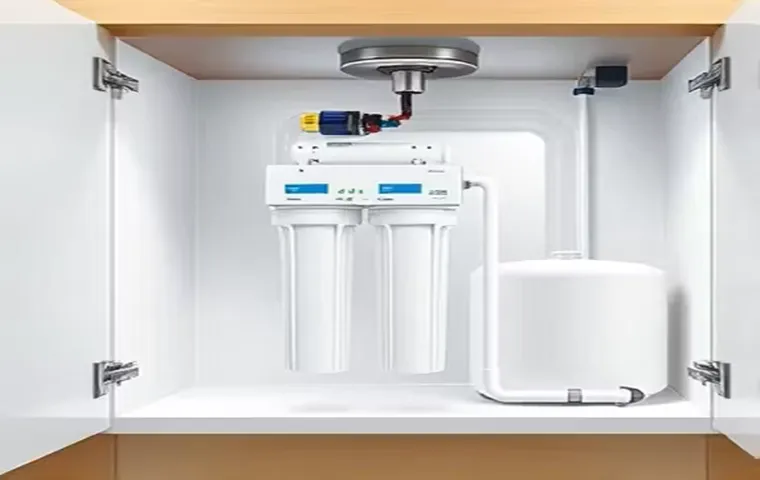 نمایی از دستگاه تصفیه آب زیرسینکی (آماده برای سرویس دورهای) شامل فیلترهای اصلی و مخزن ذخیرهسازی، نصب شده در فضای زیر سینک آشپزخانه