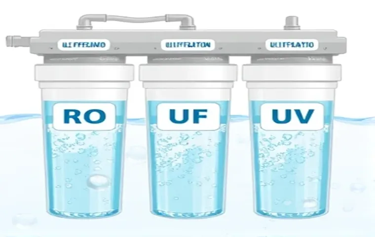 صویری شماتیک از سه مرحله اصلی تصفیه آب شامل فیلتر اسمز معکوس (RO)، اولترافیلتراسیون (UF) و نور فرابنفش (UV) که در حال تصفیه مایع آبی رنگ هستند.