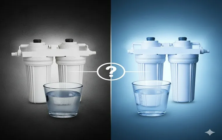 تصویری مقایسهای از دو فیلتر تصفیه آب خانگی؛ سمت چپ در پسزمینهای تیره با لیوانی از آب نسبتاً کدر، نمادی از فیلتر تقلبی، و سمت راست در پسزمینهای آبیروشن با لیوانی از آب شفاف، نشاندهندهی فیلتر اورجینال.