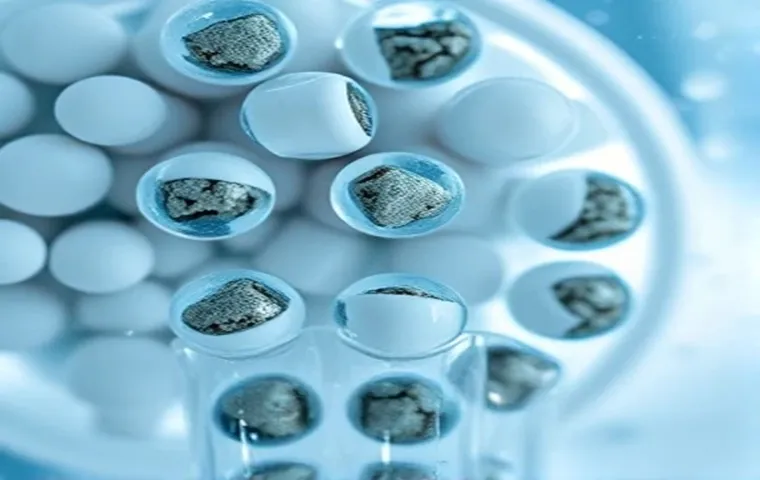 نمای نزدیک میکروسکوپی از کرههای سفید شفاف که درون هر کدام تکههای سنگ معدنی خاکستری رنگ دیده میشود و در حال آزاد کردن املاح به محیط آبی اطراف هستند. زمینه تصویر آبی روشن و علمی است