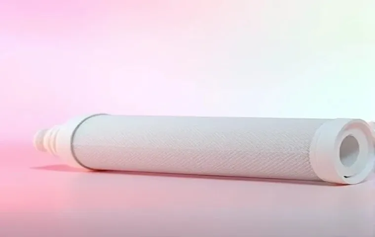 فیلتر کربن بلاک تصفیه آب، استوانهای و سفید با پوشش بیرونی بافتدار، در نمای افقی با پسزمینه ملایم صورتی و سبز.