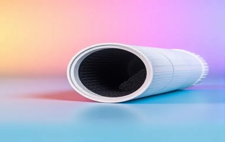 فیلتر کربن فعال UDF استوانهای با بدنهی سفید و داخل سیاهرنگ (حاوی دانههای کربن فعال)، قرار گرفته روی سطحی براق با پسزمینه ای از رنگهای آبی، نارنجی و صورتی