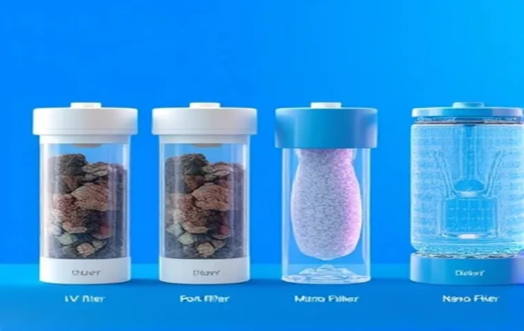 نمایی از چهار فیلتر تصفیه آب تخصصی در کنار هم روی پسزمینه آبی.