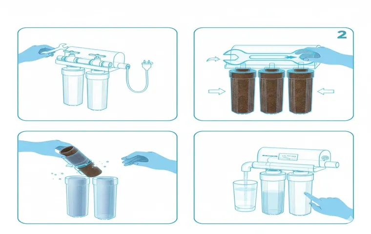 اینفوگرافیک ۴ مرحلهای تعویض فیلتر تصفیه آب خانگی با سبک مینیمال در زمینه سفید؛ شامل مراحل قطع جریان آب، باز کردن محفظه با آچار، جایگزینی فیلترهای نو و تست نهایی دستگاه